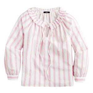 J Crew Tie Front Ruffle Neck Stripe Blouse Top V-Neck Long Sleeve Popover Cotton